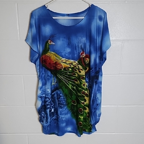 Lightweight Stretchy Peacock Print Blue Women's coverup Lounge Top - Picture 11 of 11
